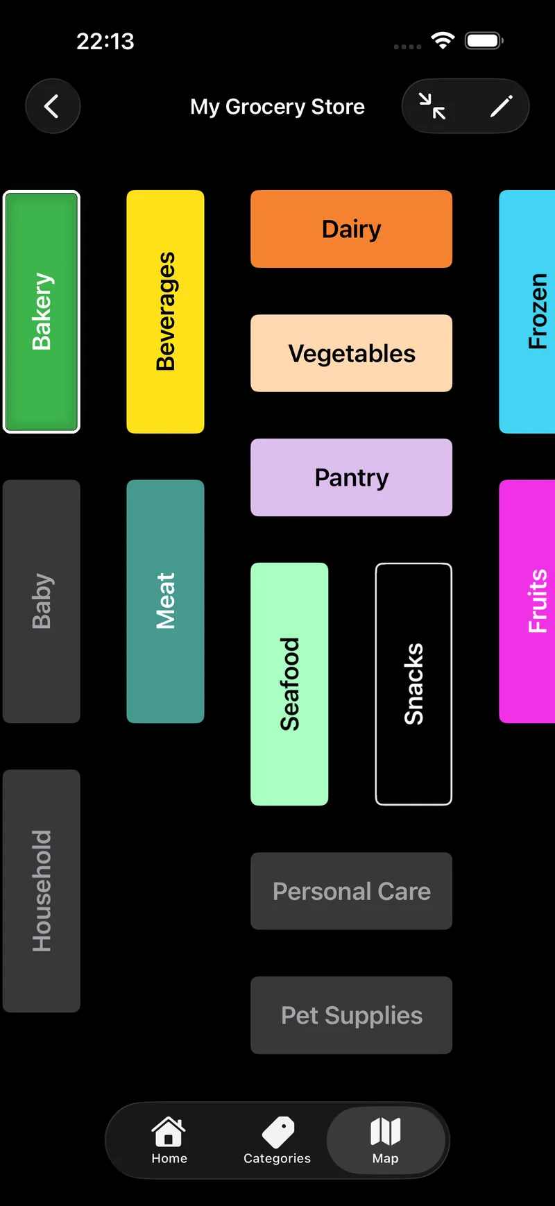 The SharpList store map, with Bakery, Beverages, Dairy, Vegetables and Frozen laid out as coloured blocks in walking order