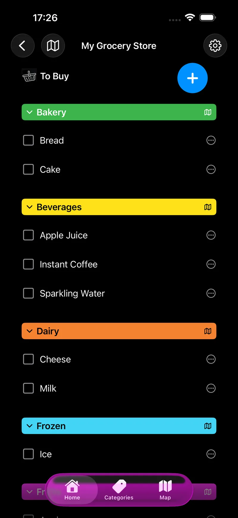 A SharpList shopping list grouped into coloured category headers for Bakery, Beverages, Dairy and Frozen