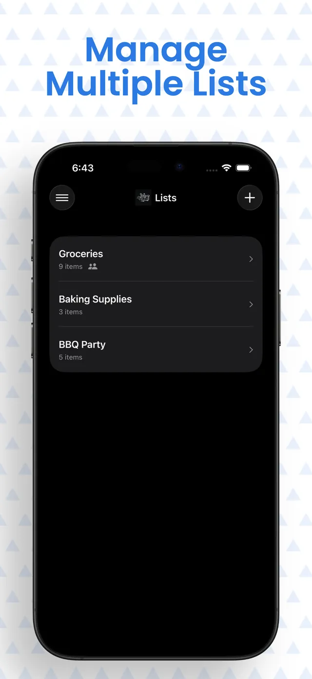 Managing several shopping lists: Groceries, Baking Supplies and BBQ Party