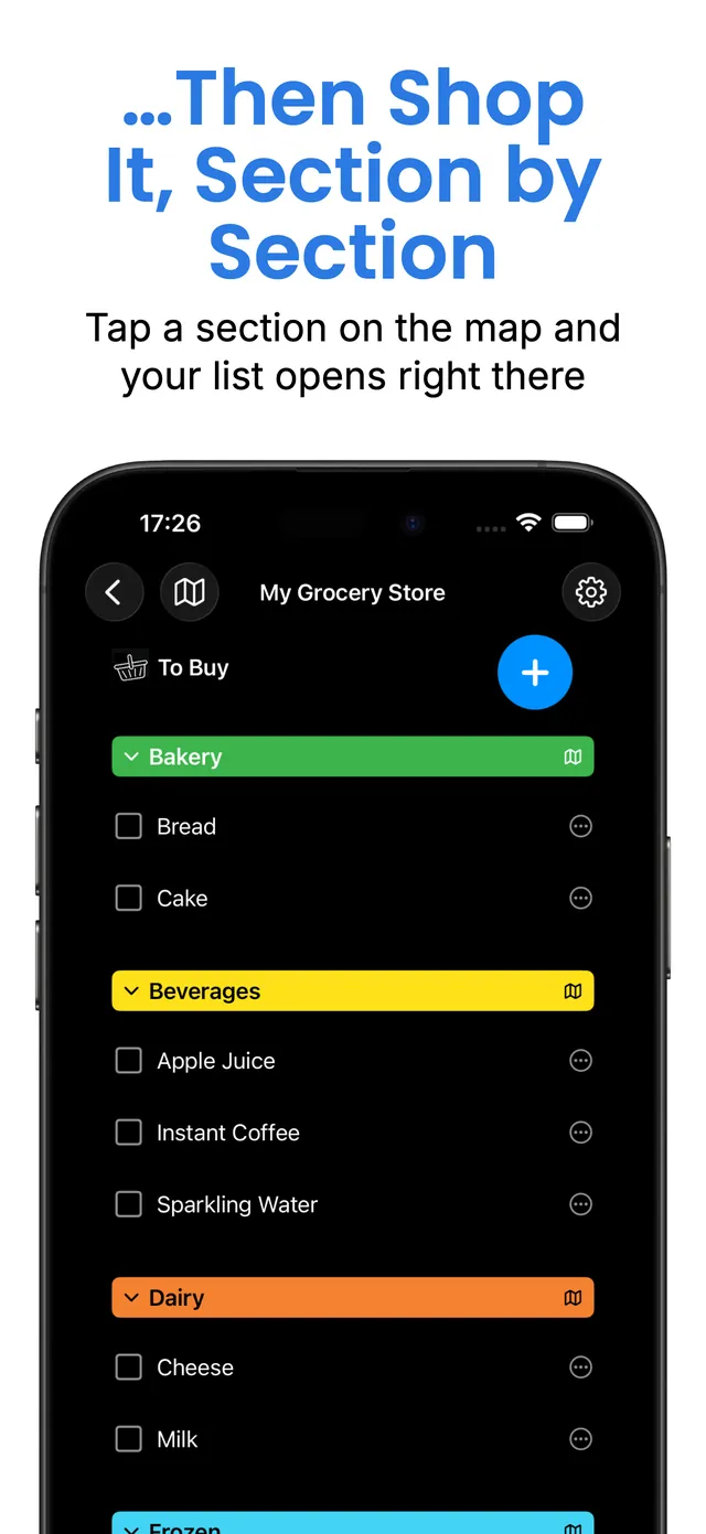 Shopping section by section, with each category under its own coloured header