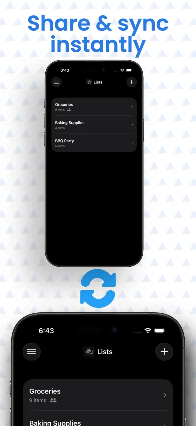 Two iPhones showing the same SharpList lists syncing between them